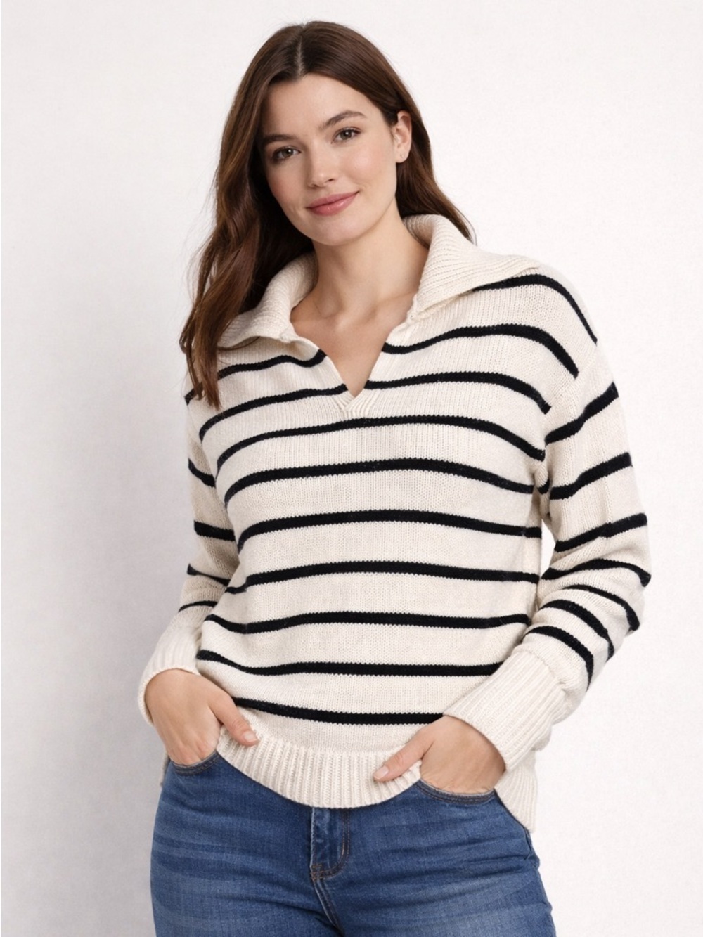 Nordstrom Striped Sweater Cotton Cashmere Cream Black XS Collared V Neck